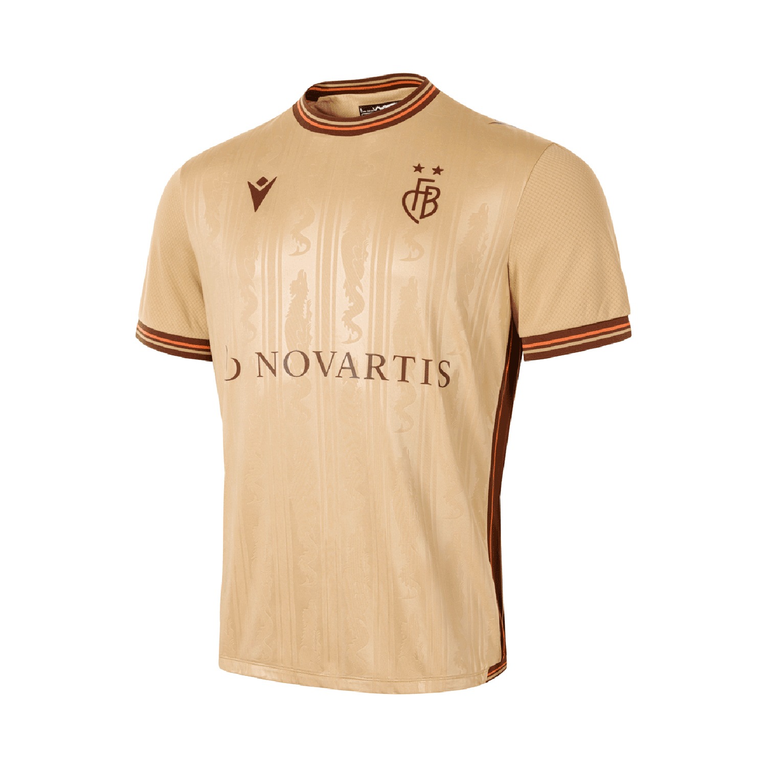 Goldenes Fußballtrikot mit feinem Muster und braunen Akzenten, freigestellt vor weißem Hintergrund