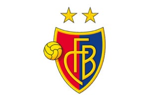Logo eines Fußballvereins mit rotem und blauem Schild, gelbem Rand, zwei gelben Sternen und einem gelben Fußball.