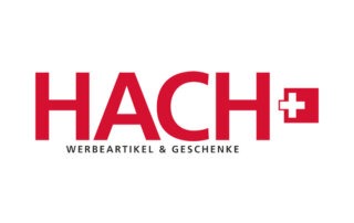 HACH Logo in Rot mit dem Text 'Werbeartikel & Geschenke' darunter