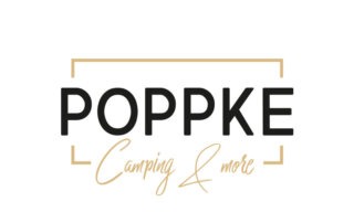 Poppke Camping & More Logo in Schwarz und Gold mit minimalistischer Gestaltung
