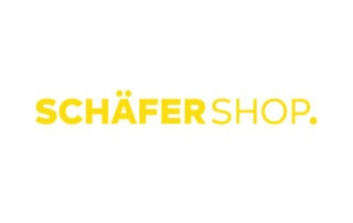 Schäfer Shop Logo in gelber Schrift auf weißem Hintergrund