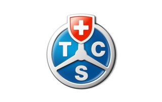 Logo des TCS mit blauem Hintergrund und rotem Schild mit weißem Kreuz