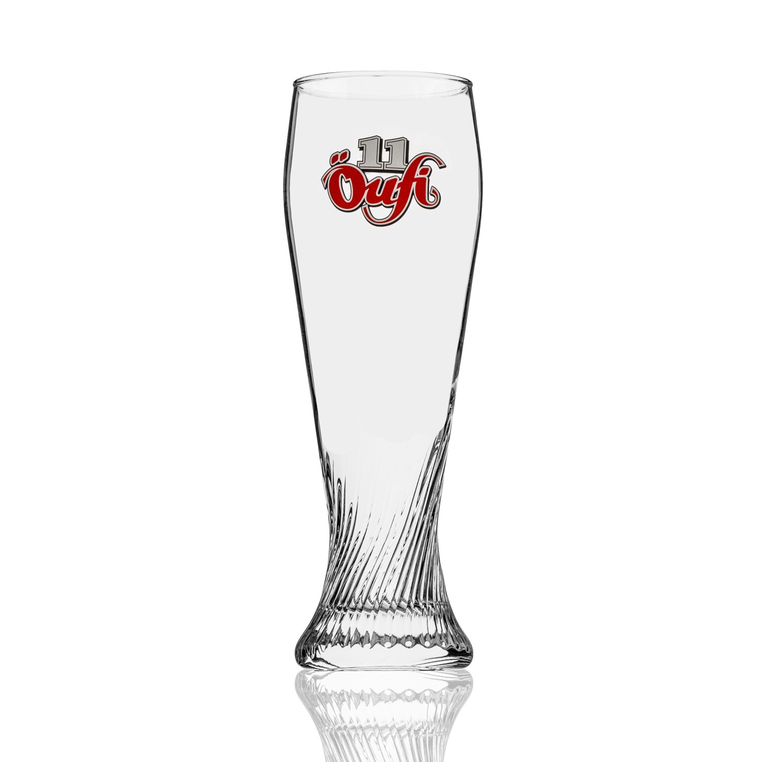 Stilvolles Bierglas mit Öuf-Logo und geriffeltem Design Elegantes Bierglas mit Öuf-Logo, transparentes Glas mit geriffeltem Design